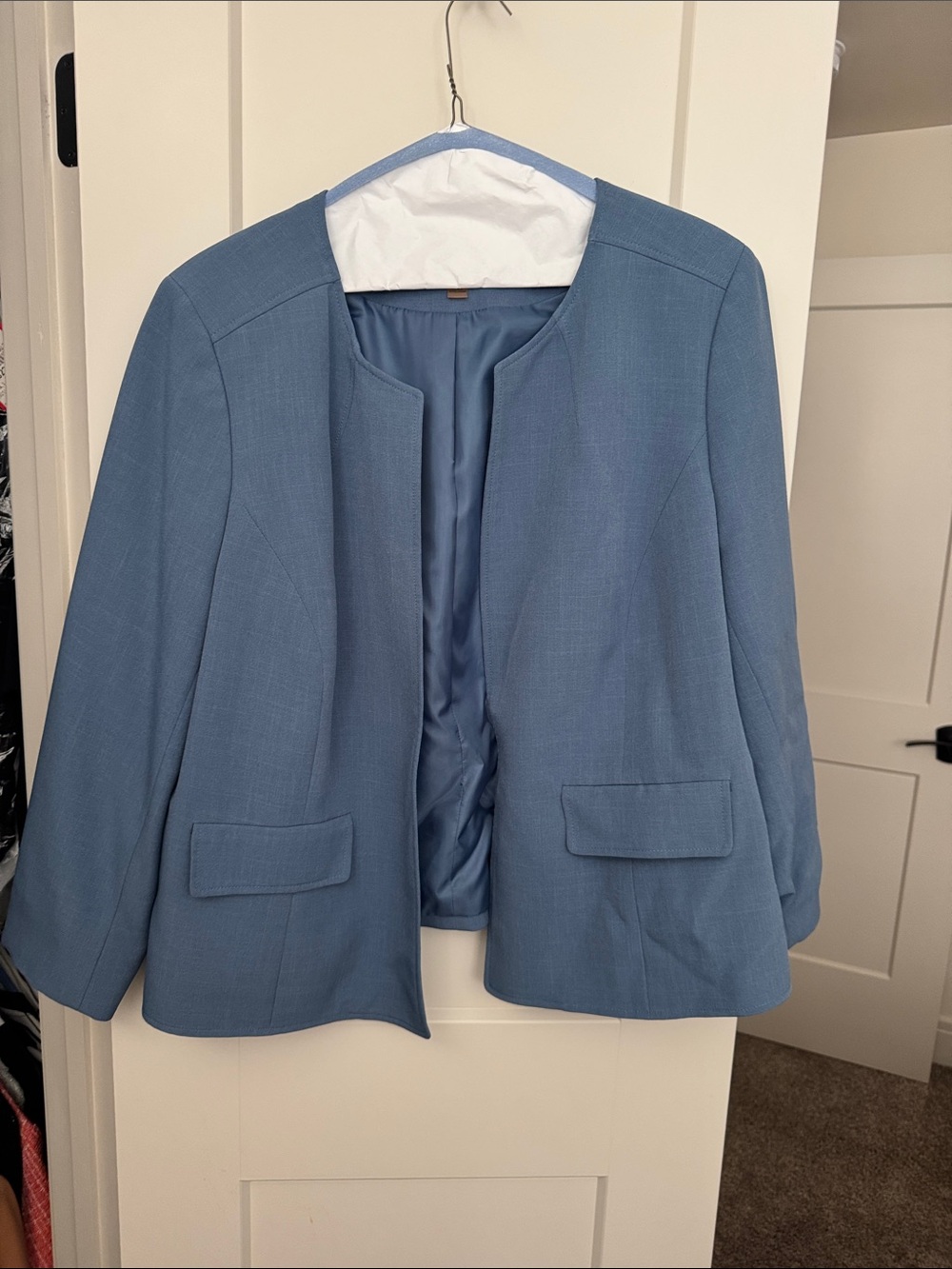 Kasper Sky Blue Collarless Tailored Blazer